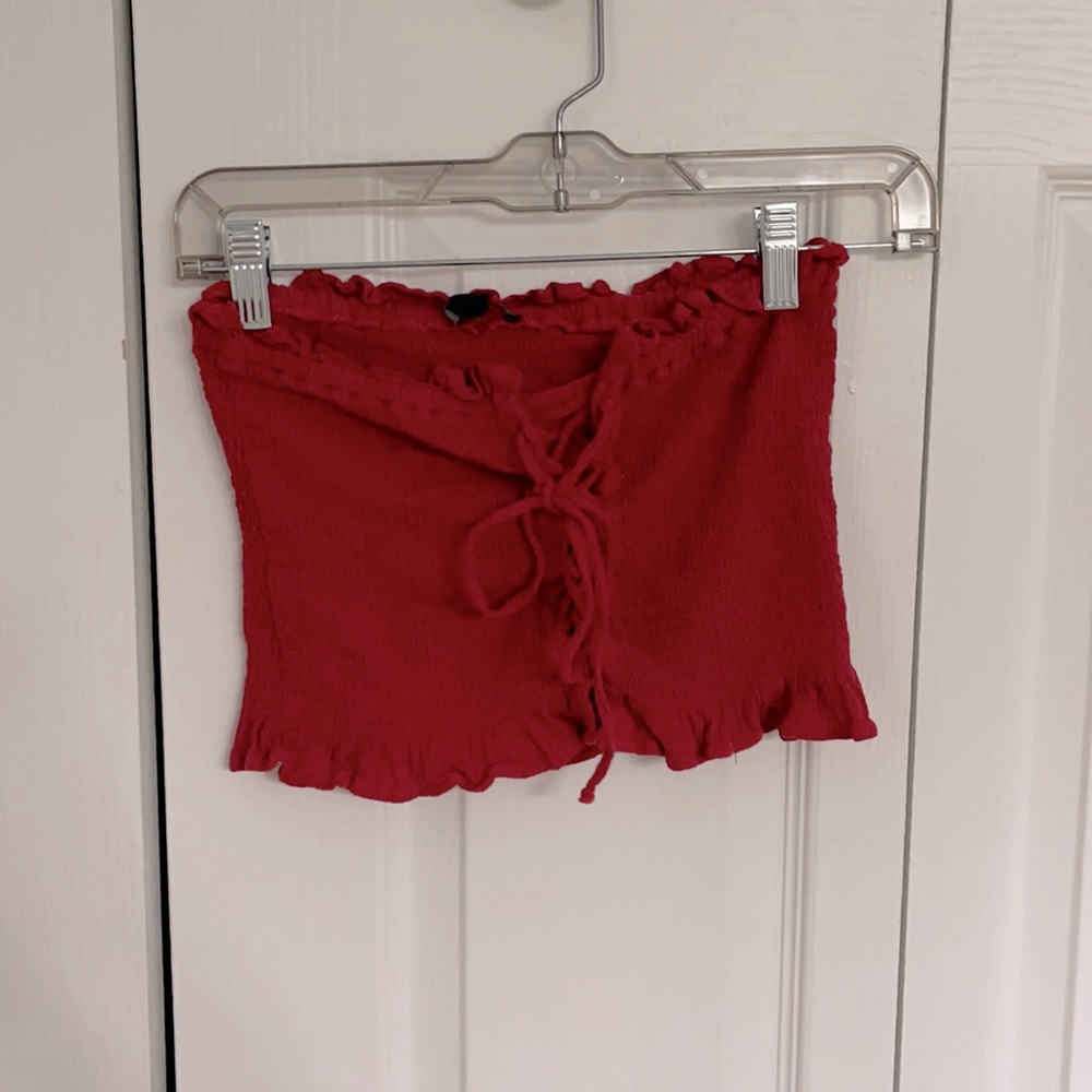 Red smocked ruffle corset tie tube top